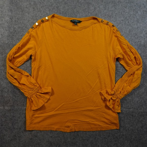 Ralph Lauren Tops - Ralph Lauren Top Womens Small Long Sleeve Ruffle Cuff Gold Button Crew Neck